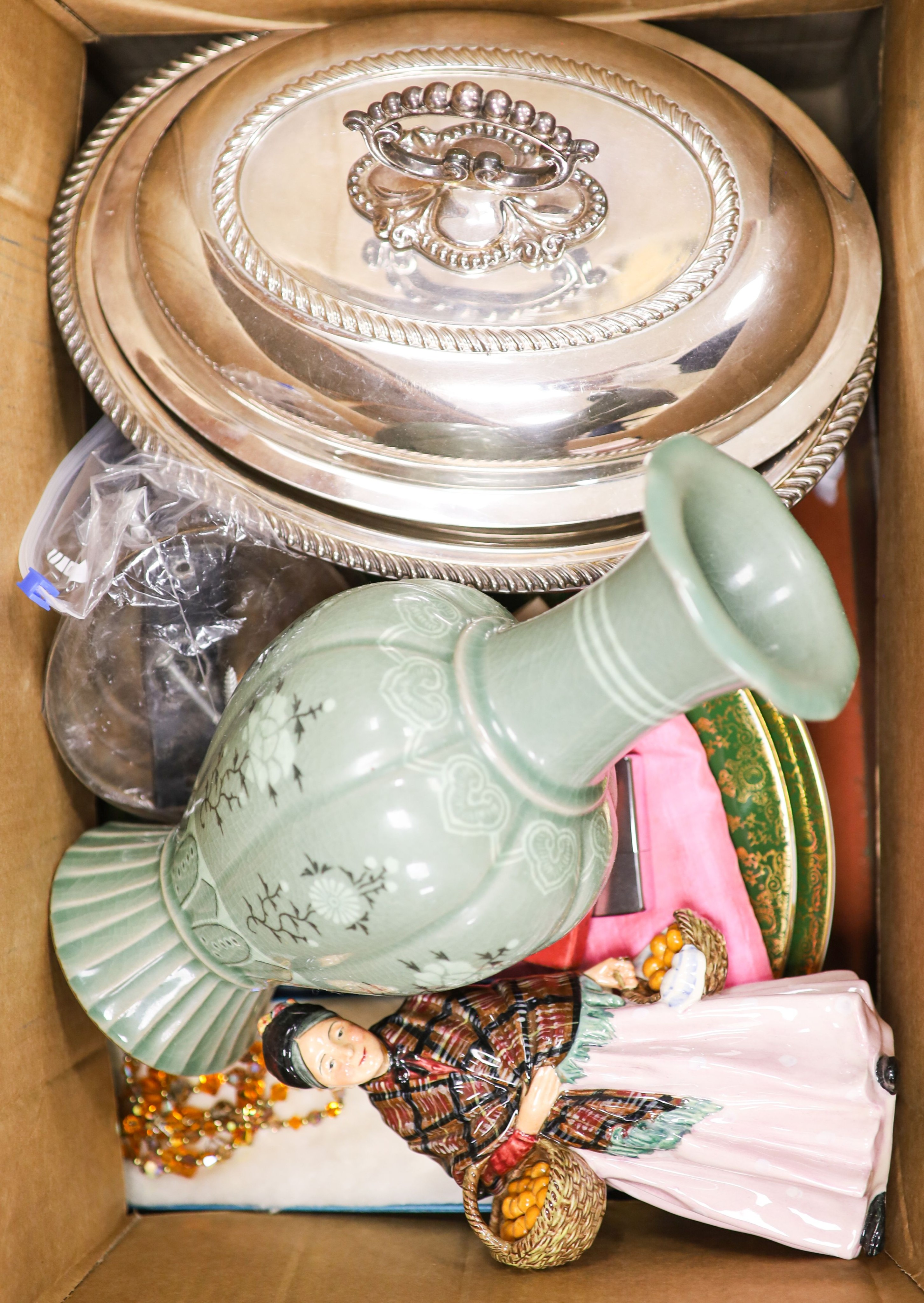 A Royal Doulton figure “the orange lady” HN1759, a Korean vase, plated tureen and mixed collectibles